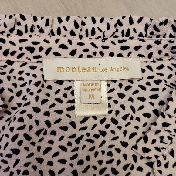 Monteau Los Angeles Faux Wrap Pink Black Peplum Flutter Sleeve Top Womens Size M - Picture 2 of 8